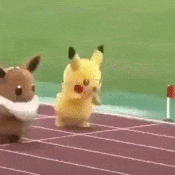 A GIF of a video where a team of eevee mascots and a team of pikachu mascots compete in a relay race. The eevee team leads by a small fraction for most of the race, until the final pikachu sprints accross the finish line with comically fast speed, considering the competitors restricted leg movement. Also notibly, the mascot's outfits jiggle in a funny and adorable manner